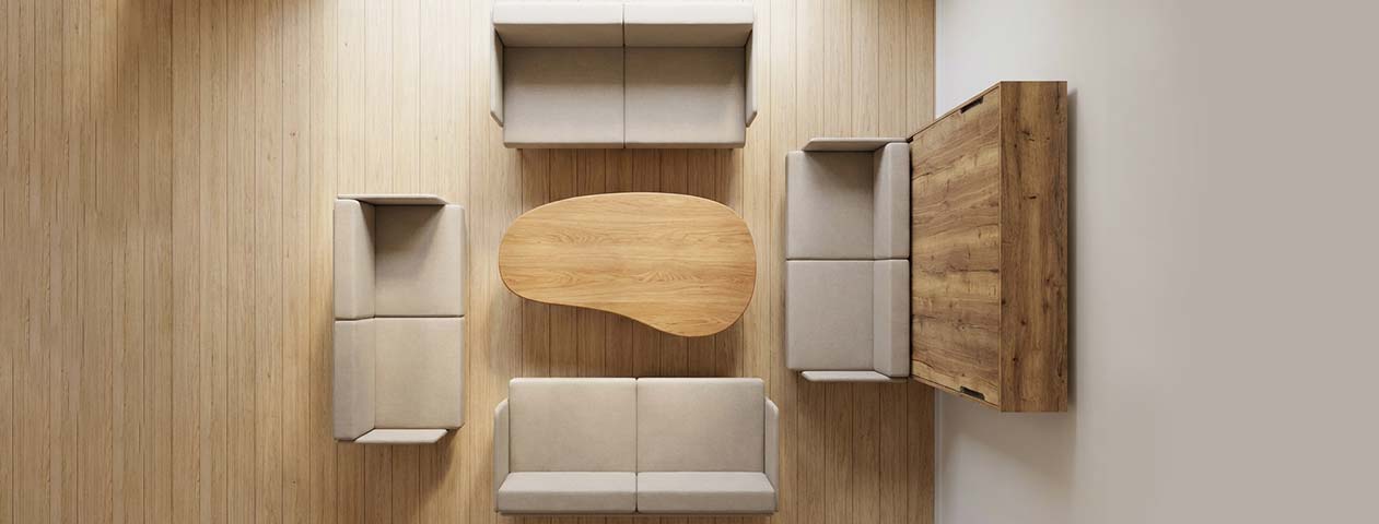 Modulare Konfigurationen des Morphy Sofas mit Sessel, Zweisitzer, L-Form und U-Form in einem kompakten Wohnraum